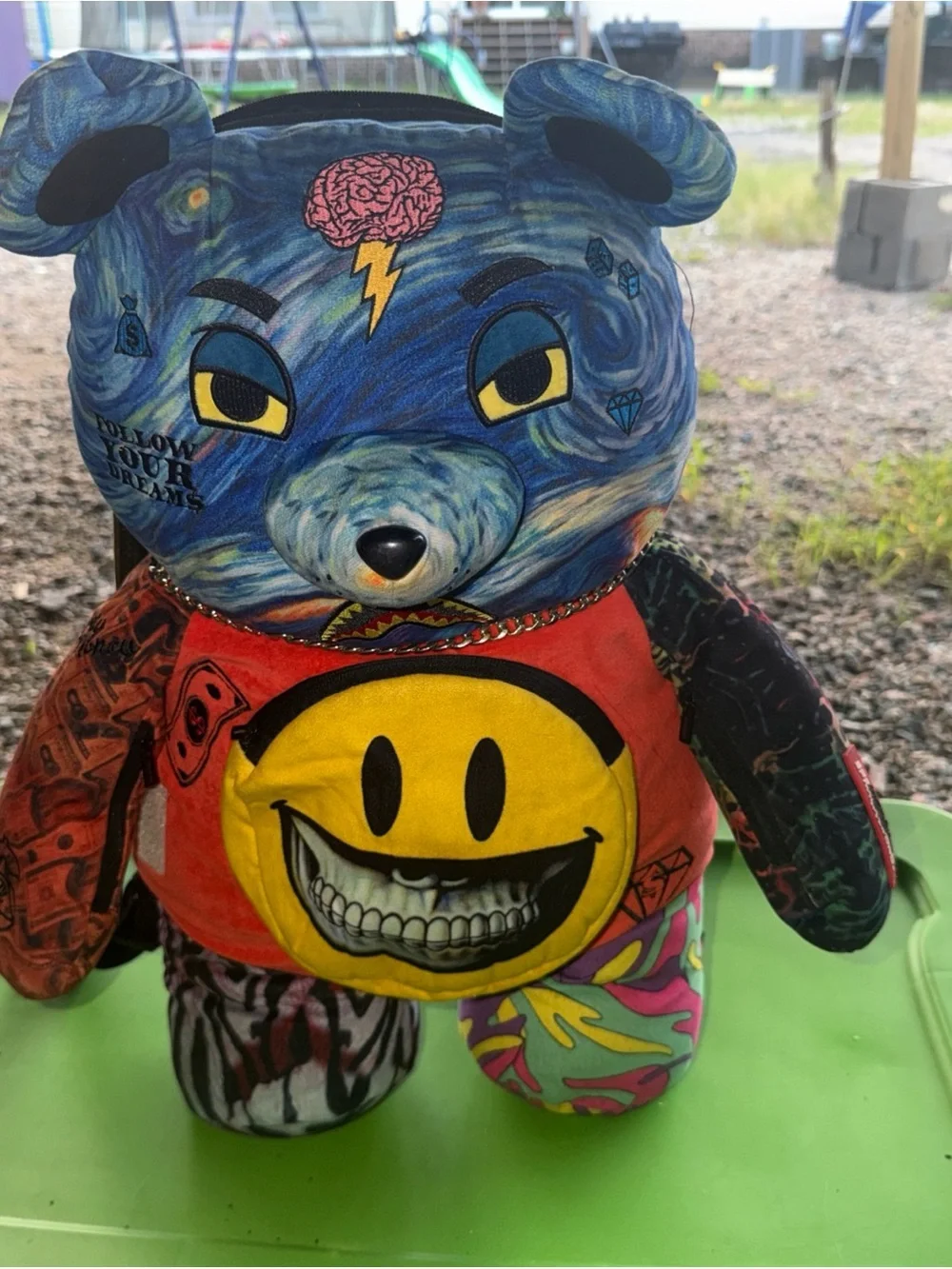 Sprayground Red Tag with Yellow Smiley and Gold Accent